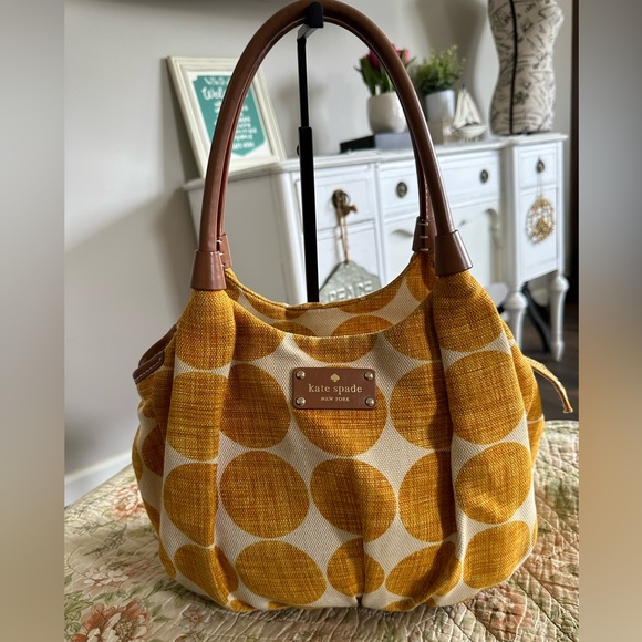 kate spade Bags Kate Spade Canvas Polka Dot Mustard Cream Satchel
